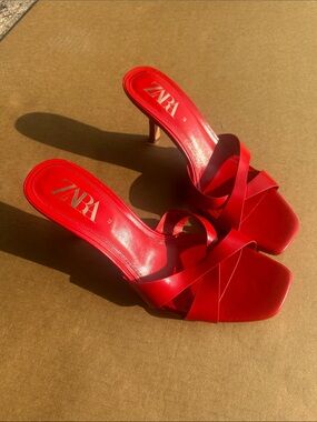 Zara Crimson Strappy Mid-Heel Sandals